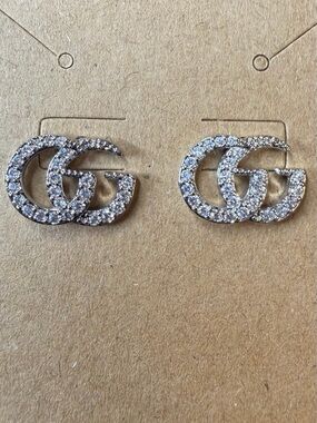 Silver Crystal Double G Logo Stud Earrings